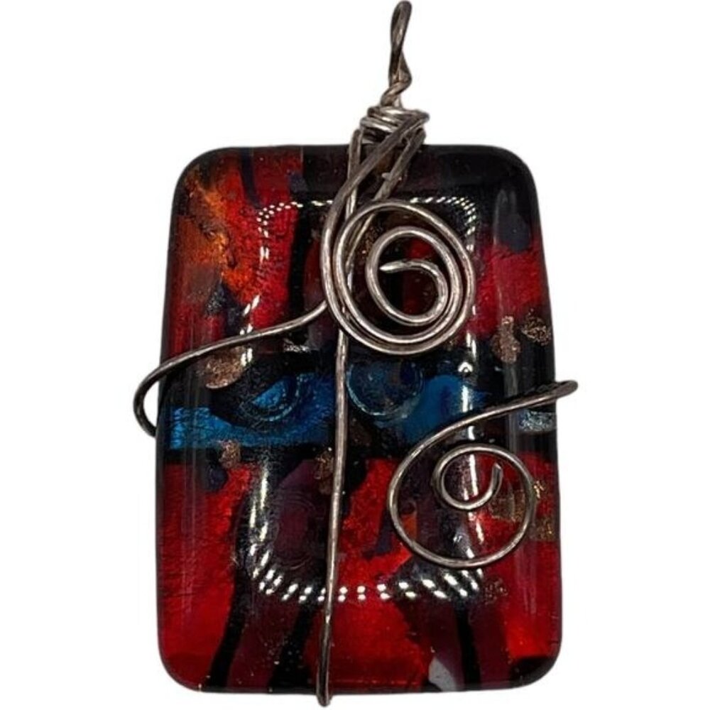 Handmade Artisan Glass Pendant Abstract Red Black Design Wrapped In Silver Wire